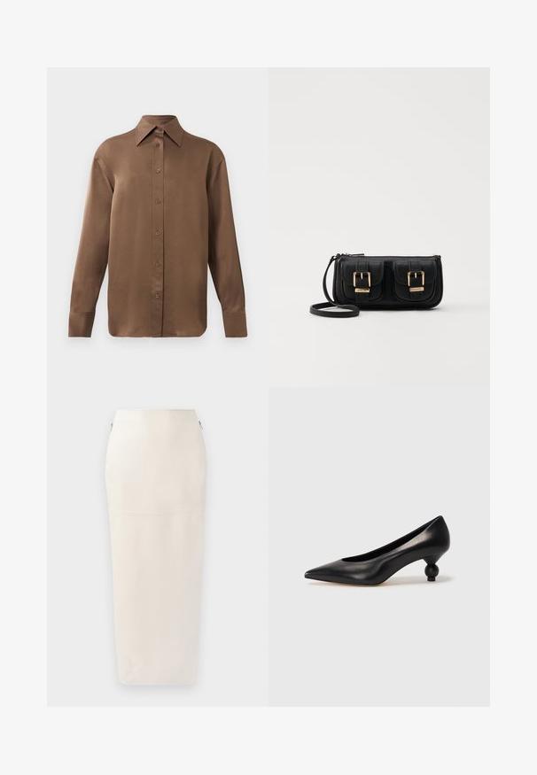 Cămașă lungă cu mânecă, de culoare maro, cu guler și manșete ascuțite, prezentată pe un fundal alb simplu.; Fustă midi crem cu o siluetă ajustată, realizată dintr-un material neted, având un fermoar ascuns pe lateral și detalii de cusătură minimalistă.; Pantofii cu toc înalt din piele neagră, cu vârf ascuțit și toc rotund, mimos. Textură netedă, cu un design elegant și minimalist.; Geantă neagră din piele, tip crossbody, cu două buzunare frontale, catarame aurii, închidere cu fermoar și o curea subțire. Suprafață texturată și formă rectangulară compactă.