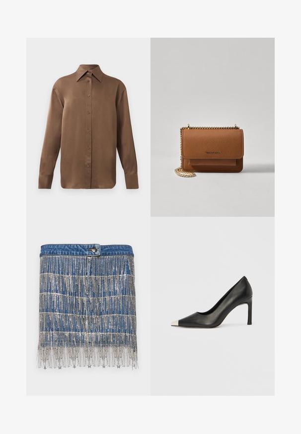 Smeđa košulja s dugim rukavima, s gumbima i šiljastim ovratnikom i manžetama, prikazana na jednostavnoj bijeloj pozadini.; Denim mini suknja s ukrasima od srebrnih šljokica, s horizontalnim prugastim uzorcima, zatvaranjem na dugme i resastim rubom.; Crna kožna cipela s visokim potpeticama, špicastim vrhom i metalnim srebrnim vrhom. Ima glatku završnu obradu i tanku petu visine 10 cm.; Smeđa kožna torba preko tijela s teksturom, zlatnim lančićem i preklopom na zatvaranju. Na prednjoj strani nalazi se detalj s potpisom i džep ispod preklopa.