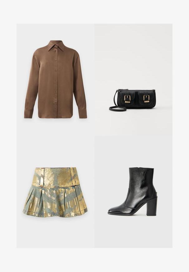Hnědá košile s dlouhým rukávem, zapínaná na knoflíky, s špičatým límcem a manžetami, vystavená na jednobarevném bílém pozadí.; Zlatá a tyrkysová plisovaná džínová sukně s lesklým povrchem, vybavená vypasovaným pasem a kontrastním prošíváním.; Černé kožené kotníkové boty s hladkou texturou, špičatou špičkou a robustním vysokým podpatkem. Mají boční otvor a minimalistický design.; Černá kožená crossbody taška se dvěma předními kapsami, zlatými přezkami, zipovým uzávěrem a štíhlým popruhem. Texturovaný povrch a kompaktní obdélníkový tvar.