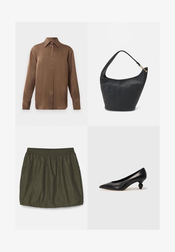 Brown long-sleeve button-up shirt with pointed collar and cuffs, displayed against a plain white background.; Olive green, lightweight skirt with an elastic waistband, gathered texture, side pockets, and stitched detailing.; Black leather high heel shoe with a pointed toe and a round, balled heel. Smooth texture with a sleek, minimal design.; Black leather handbag with a rounded shape, a wide strap, and a textured finish. Features a subtle seam detail and a gold-tone hardware accent.