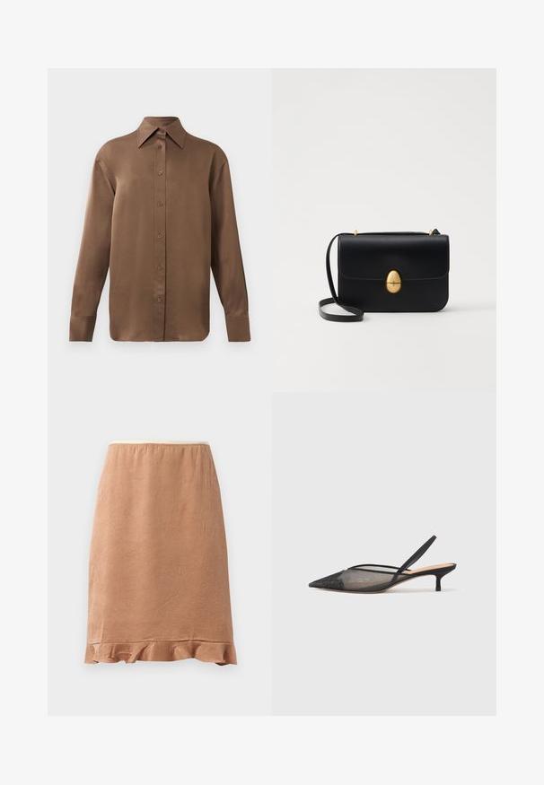 Pruun pikkade varrukatega nööbitav särk terava krae ja mansettidega, esitatud lihtsa valge tausta ees.; Pruun tekstuuriga seelik, millel on laineline äär, valmistatud pehmest kangast, mis langeb kergelt. Seeliku disainis on mugavuse tagamiseks elastne vöökoht.; NEOUS IRENA - Klassikalised kontsakingad - black; Must kase nahast käekott, millel on struktureeritud ristkülikukujuline kuju. Omab kuldset ovaalset lukku ja õhukest õlavarre rihma. Sile tekstuur.