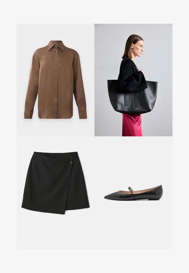 Pruun pikkade varrukatega nööbitav särk terava krae ja mansettidega, esitatud lihtsa valge tausta ees.; Must mustris, mille pehme tekstiiliga, asümmeetrilise disainiga ja külgmise nööbiga kinnitusega, et lisada detaili.; Musthave mustanahkased balletkingad terava varbaga ja külgrihmaga, millel on ümmargune kuldne aksessuaar. Kerged ja tasase tallaga.; Mustast nahast kott tekstureeritud viimistlusega, millel on kaks vertikaalset rida, kahekordsed õlarihmad ja minimalistlik disain.