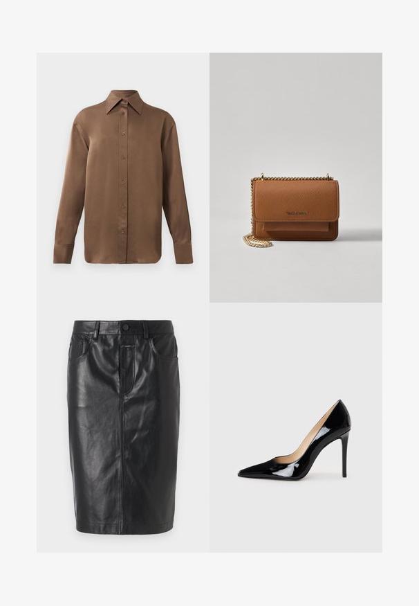 Brun långärmad skjorta med knäppning, spettdetalj på kragen och manschetterna, uppvisad mot en vit bakgrund.; Svart läderkjol med en figurnära design, mittlängd, framsida med dragkedja och två fickor. Slät yta med synliga sömnadsdetaljer.; Svart lackläder högklackad pumpsko med spetstoppdesign och en slank silhuett. Har en mjuk, glänsande finish och en smal stilettklack.; Brun texturerad läder crossbody-väska med guldkedja och klaffstängning. Framsidan har logotypdetalj och en ficka under klaffen.