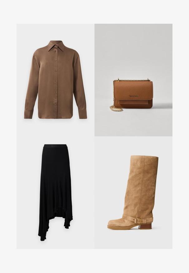 Ruda ilgų rankovių marškiniai su sagomis ir smailiais apykakle bei rankogaliais, išdėstyti prieš paprastą baltą foną.; Juoda asimetrinė sijonas su banguotu apačiu, pagamintas iš minkštos, elastingos medžiagos, turintis plačią juosmenį su iškaltu prekės ženklu.; Šviesiai rudos zomšinės pusilgis botas su žemu supresuotu kulnu, apvaliu nosiu ir reguliuojama juosta su auksine sagtimi aplink čiurną.; Ruda tekstūruota odinė per petį nešama rankinė su auksiniu grandininiu dirželiu ir užlenkiamo užsegimo. Priekinėje pusėje yra logotipo detalė ir kišenė po užlenkimu.