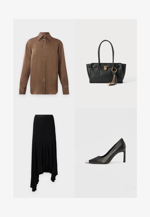 Camisa branca de mangas longas com botões e colarinho pontudo, exibida contra um fundo branco liso.; Saia preta assimétrica com uma bainha ondulada, feita de um material macio e elástico, apresentando uma cintura larga com marcação em relevo.; Sapato de salto alto em couro preto com bico apontado e biqueira metálica prateada. Apresenta um acabamento liso e um salto esguio de 10 cm.; Bolsa de pele preta com alças duplas, fecho dourado e detalhe em corrente, além de um acessório de tassel preto e branco, contra um fundo branco.