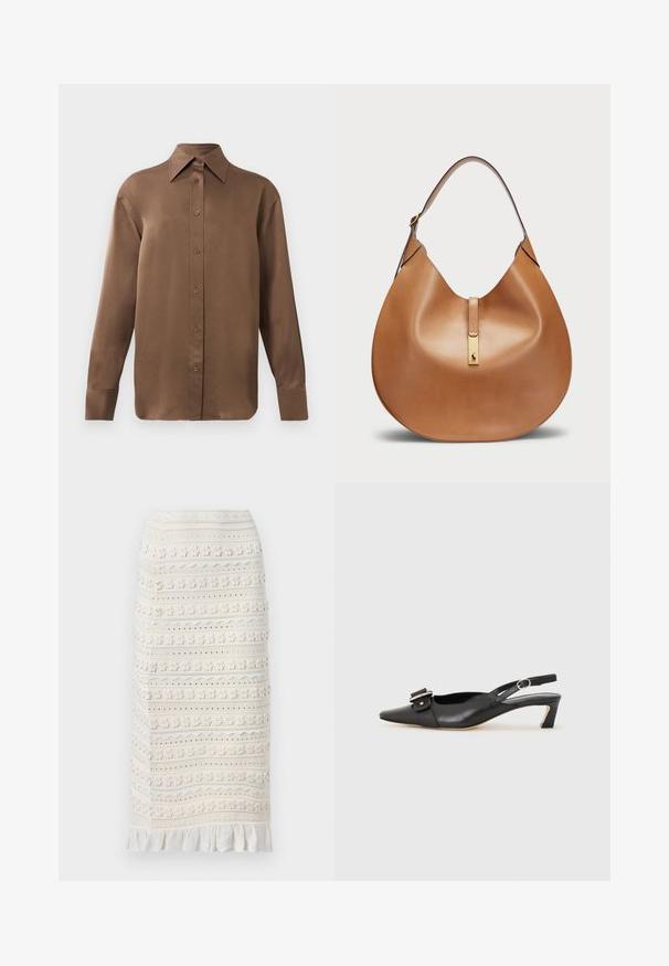 Camicia marrone a maniche lunghe con bottone, colletto e polsini a punta, esposta su uno sfondo bianco uniforme.; sandro JUPE MIDI DETAILS - Gonna a tubino - ecru; Scarpa slingback in pelle nera con punta affusolata, tacco basso e dettaglio decorativo a fibbia sulla parte superiore. Texture liscia, design minimalista.; Borsa a tracolla in pelle color cuoio dalla forma curvata e con una larga tracolla. Presenta un accento in metallo dorato al centro e una superficie liscia.