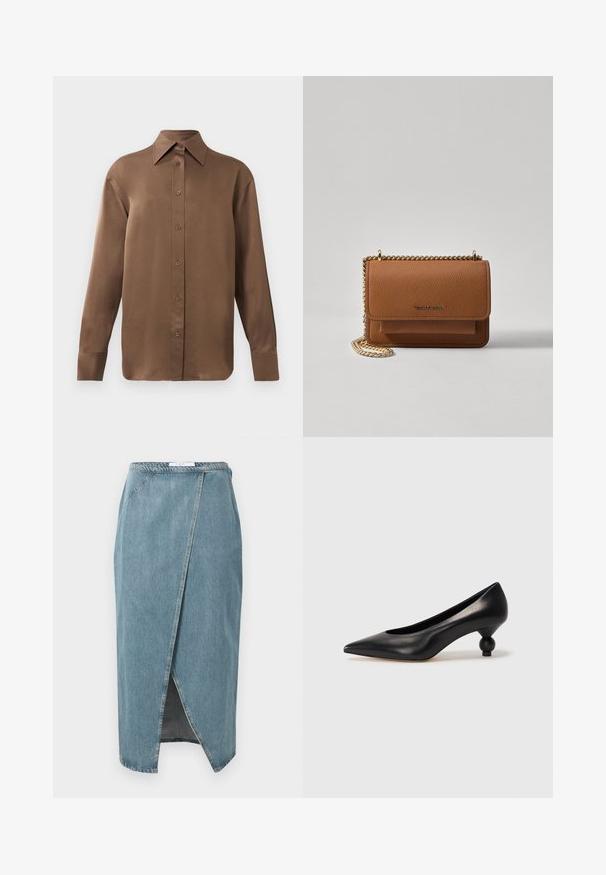 Pruun pikkade varrukatega nööbitav särk terava krae ja mansettidega, esitatud lihtsa valge tausta ees.; Hele sinine teksaseelik, millel on ümberpööratud disain, nähtavad õmblused, eesmine lõhik ja istuv talje.; Must musta kõrge kontsaga king, millel on terav nina ja ümar, pallikujuline konts. Sile pind ja elegantne, minimalistlik disain.; Pruun tekstureeritud nahk ristkeha kott kuldse ahelaga rihmaga ja klapiga sulgemine. Esiküljel on logo detail ja tasku klapi all.