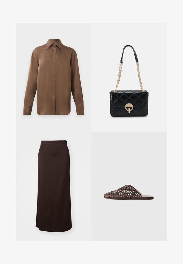 Brun langærmet skjorte med knapper, spids krave og manchetter, vist mod en simpel hvid baggrund.; Lang sort nederdel lavet af glat stof. Har et lige design med en sideslids for nem bevægelse og en diskret taljedetalje.; Brun vævet slide sandal med rundt tådesign, åben konstruktion, flad sål og struktureret overflade. Letvægtsmateriale og minimalistisk silhuet.; Sort patchworklæder håndtaske med en guldkæde-strop, der har en cirkulær spænde detalje. Kompakt rektangulær form med en glat tekstur.