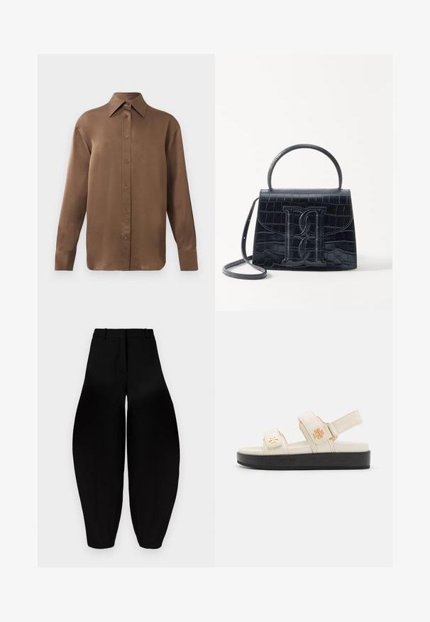 Hnědá košile s dlouhým rukávem, zapínaná na knoflíky, s špičatým límcem a manžetami, vystavená na jednobarevném bílém pozadí.; Černé široké kalhoty s vysokým pasem, sklady na přední straně a zúženými kotníky. Vyrobeny z hladké látky s matným povrchem.; Béžové nastavitelné sandály s hladkým povrchem, obsahující dvě pásky a černou platformu. Zlatý detail loga na každém pásku.; Černá kabelka z krokodýlí kůže s embosovaným vzorem, strukturovaným designem, horním uchycením, nastavitelným popruhem a výrazným logem na přední straně.