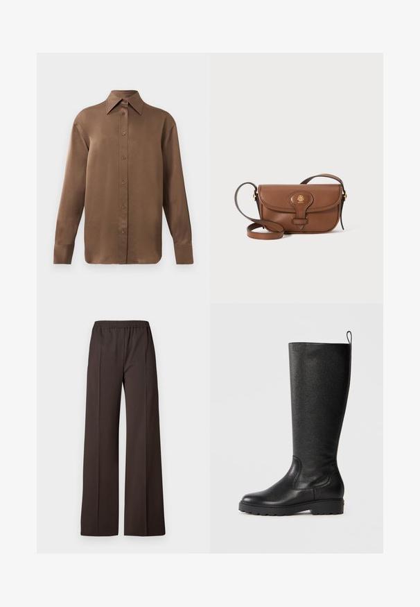 Rjav dolg rokav s srajco s gumbi in koničastimi ovratniki in manšetami, prikazana na enostavni beli podlagi.; Hlače širokih nogavica iz temno rjave tkanine z elastičnim pasom, ki se ponašajo z gladko teksturo in čistimi linijami za elegantno podobo.; Črne škornje do kolen iz teksturiranega usnja, z zaobljenim prstom, trdim gumijastim podplatom za oprijem in zanka na vrhu.; Rjava usnjena torbica preko telesa z ukrivljenim pokrovom, z zlatim dodatki in dekorativnim logotipom. Pas je nastavljiv in ima gladko teksturo.