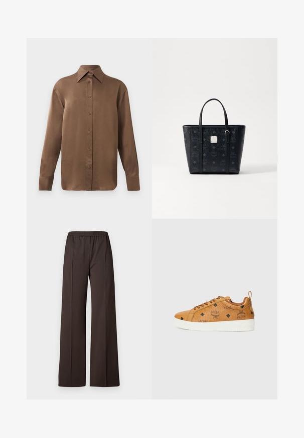 Chemise marron à manches longues avec un col et des poignets pointus, présentée sur un fond blanc uni.; Pantalons à jambe large en tissu brun foncé avec une taille élastique, présentant une texture lisse et des lignes épurées pour un look soigné.; Baskets en cuir marron avec des semelles en caoutchouc blanches contrastées, présentant des motifs en losange noirs et des logos MCM sur le côté. Comprend des lacets et une languette arrière.; Sac fourre-tout en cuir noir avec finition texturée, doté de deux poignées et d'un accent de logo carré. Un motif monogramme recouvre l'extérieur.