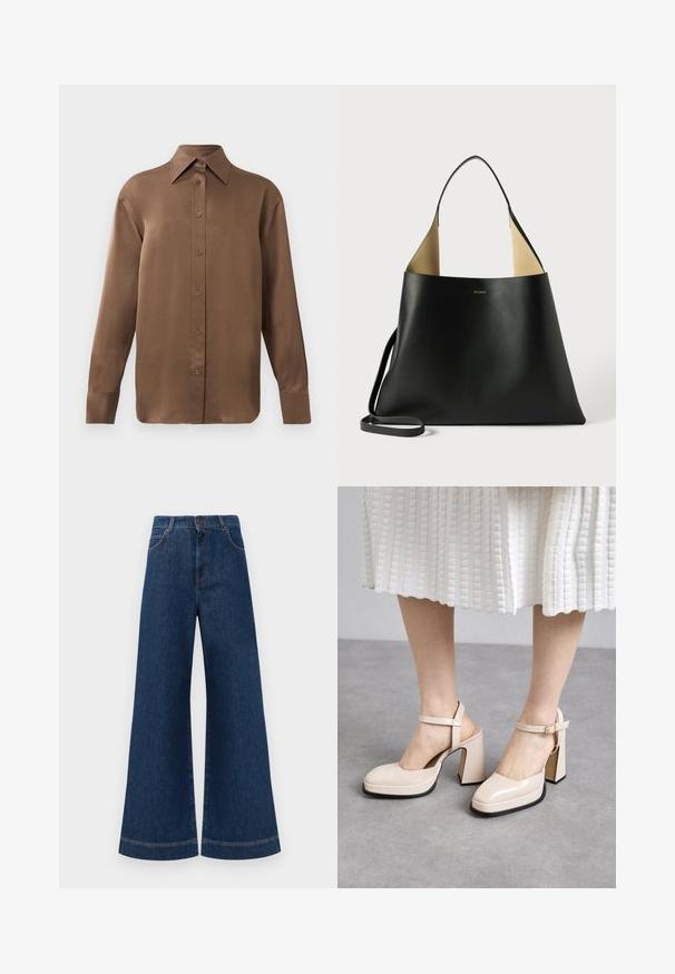 Ruda ilgų rankovių marškiniai su sagomis ir smailiais apykakle bei rankogaliais, išdėstyti prieš paprastą baltą foną.; Plati mėlynos džinsinės kelnės su aukštu liemeniu, turinčios mygtukų užsegimą, diržo kilpas ir subtilius siuvinėjimo akcentus ant kišenių bei apdailos.; Souliers Martinez MALASANA - Aukštakulniai su platforma - lajara cybil salinas; Juodas odinis rankinės modelis su erdviu, kampuotu dizainu. Yra kontrastinga tan spalvos vidinė dalis ir plona petneša. Minimalistinis prekių ženklo ženklas.