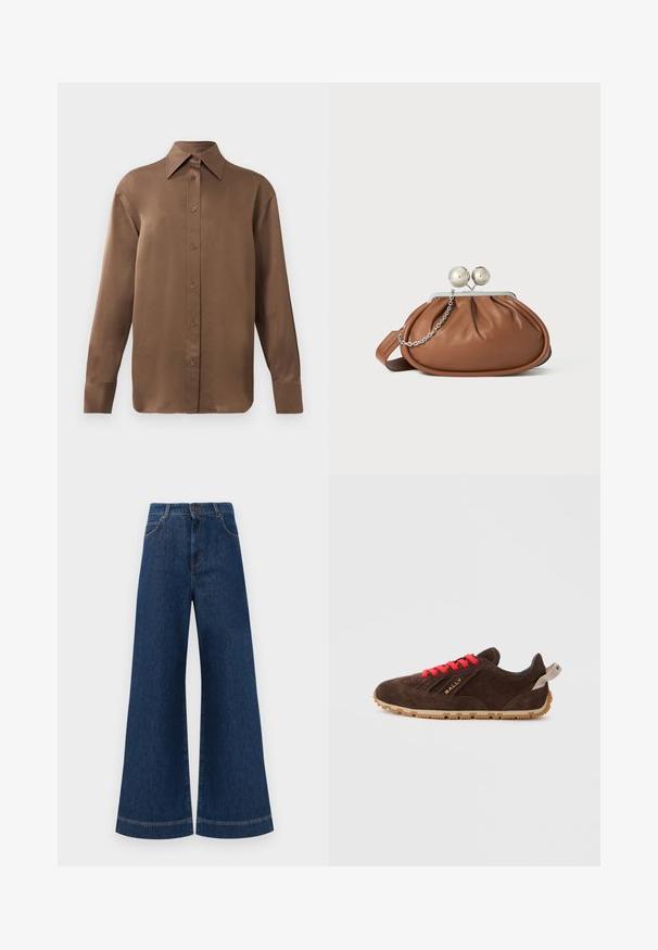 Smeđa košulja s dugim rukavima, s gumbima i šiljastim ovratnikom i manžetama, prikazana na jednostavnoj bijeloj pozadini.; Široke plave traperice s visokim strukom, s kopčanjem na gumbe, petljama za remen i suptilnim detaljima šavova duž džepova i rubova.; Smeđe nubuk tenisice s crvenim vezicama, gumenim potplatom i zlatnim logotipom. Imaju okrugli vrh i mekan, teksturiran površinu.; Smeđa kožna torbica s srebrnim kopčom u obliku kuglice i malim srebrnim lančićem na bijeloj pozadini.
