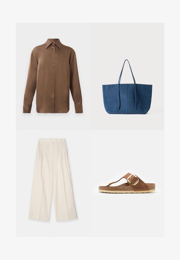 Brown long-sleeve button-up shirt with pointed collar and cuffs, displayed against a plain white background.; Wide-leg trousers in textured cream fabric. Features a high waist with pleats, belt loops, and a clean, minimal design.; Brown leather thong sandal with a gold buckle and cork footbed; features a textured beige sole and minimalistic design.; Blue suede tote bag with two long handles, rectangular shape, smooth texture, minimalistic design, featuring a subtle logo on the front.