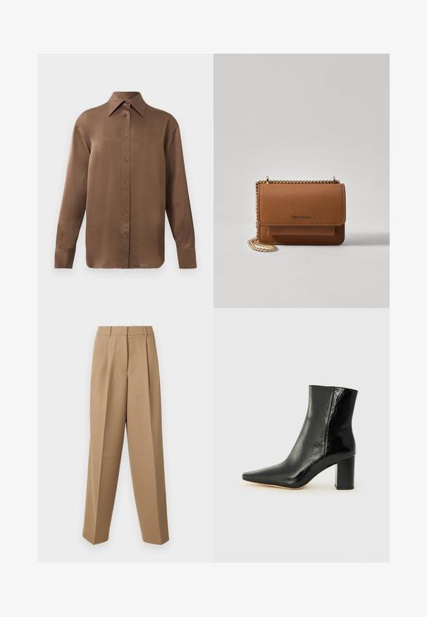 Brown long-sleeve button-up shirt with pointed collar and cuffs, displayed against a plain white background.; Beige tailored trousers with a high waist, pleated front, and wide-leg cut. The fabric appears smooth with a slight sheen.; Black ankle boot made of glossy leather with a pointed toe and a chunky, square heel. Features a smooth texture and minimalistic design.; Brown textured leather crossbody bag with gold chain strap and flap closure. Front features logo detail and a pocket under the flap.