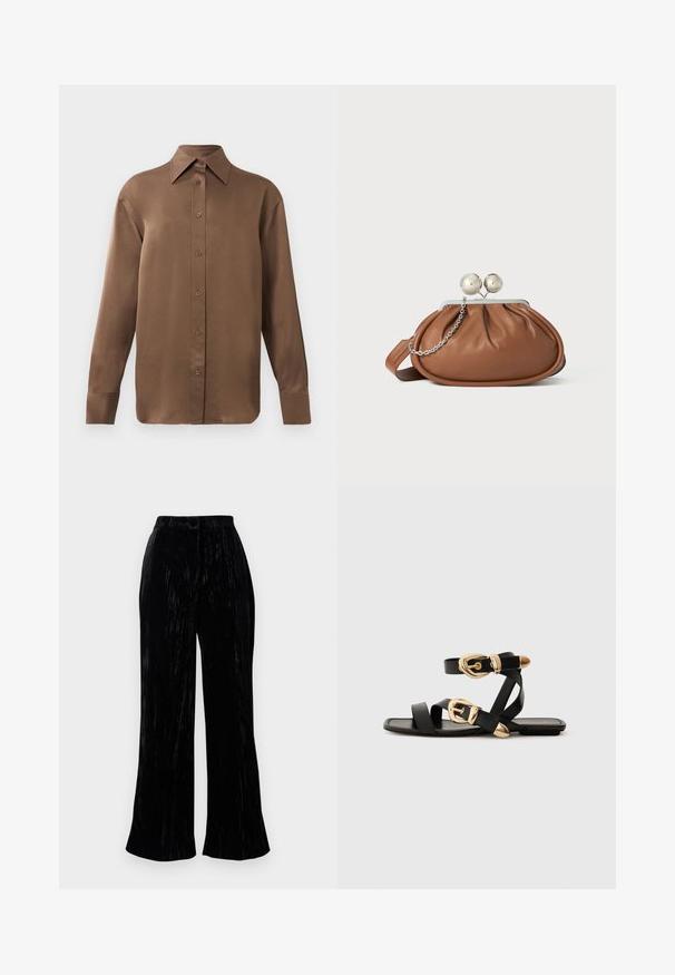 Brown long-sleeve button-up shirt with pointed collar and cuffs, displayed against a plain white background.; Black velvet wide-leg trousers with a soft texture, featuring a high waist and subtle vertical stripes.  Tailored for a relaxed fit.; Black leather sandals with gold buckle accents, featuring multiple straps and a flat sole design for open-toe wear.; Brown leather clutch purse with silver ball clasp and a small silver chain detail on a white background.