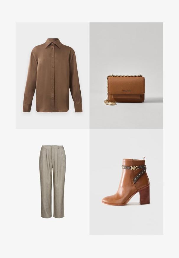 Chemise marron à manches longues avec un col et des poignets pointus, présentée sur un fond blanc uni.; Pantalons plissés gris clair avec des rayures verticales, fabriqués à partir d'un tissu texturé. Comprend une ceinture avec un seul bouton et un design à jambes droites.; Botte de cheville en cuir marron avec un talon en bloc empilé, sangle latérale ornée de clous dorés et boucle en forme de "MK" dorée.; Sac en cuir texturé marron en bandoulière avec une sangle en chaîne dorée et une fermeture à rabat. L'avant présente un détail de logo et une poche sous le rabat.