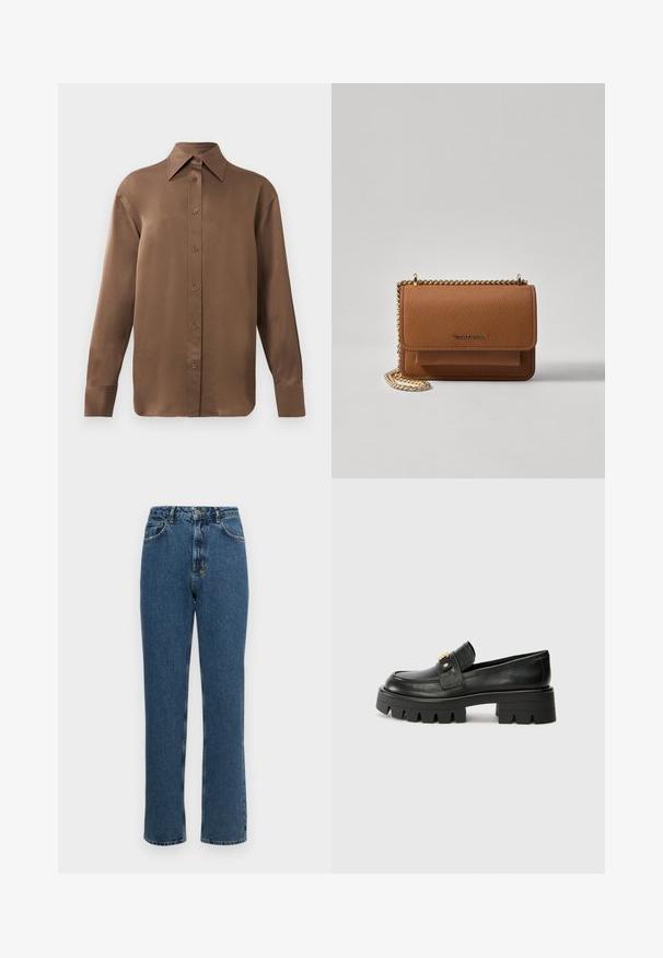 Camisa branca de mangas longas com botões e colarinho pontudo, exibida contra um fundo branco liso.; Jeans de corte reto de cintura alta em denim azul escuro. Apresenta um fecho de botão e zip, cinco bolsos e uma leve textura de desbotado.; Mocassins de couro preto com uma sola robusta, apresentando um detalhe em tom dourado na parte da frente e um acabamento suave. Design de solado com cravos robustos.; Bolsa crossbody de couro texturizado castanho com alça de corrente dourada e fecho com aba. A parte da frente apresenta detalhe do logótipo e um bolso sob a aba.