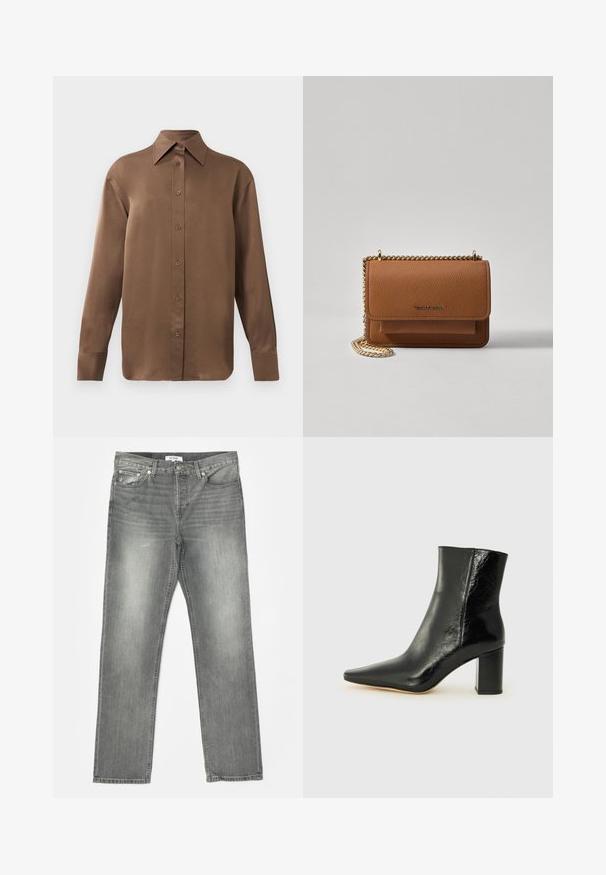 Rjav dolg rokav s srajco s gumbi in koničastimi ovratniki in manšetami, prikazana na enostavni beli podlagi.; RE/DONE EASY - Ravne kavbojke - grigio; Črne gležnjarje iz sijoče usnje s koničastim nosom in masivnim kvadratnim peto. Imajo gladko teksturo in minimalističen dizajn.; Rjava teksturirana usnjena torba čez ramo z zlatim verižnim trakom in zapiranjem na pokrov. Spredaj je vidna podrobnost logotipa in žep pod pokrovom.