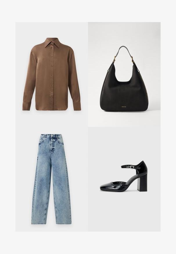 Braunes Langarmhemd mit Knopfverschluss, spitzem Kragen und Manschetten, vor einem schlichten weißen Hintergrund präsentiert.; Hoch taillierte Wide-Leg-Jeans aus hellblauem Denim mit Fronttaschen, einem Reißverschluss und Nähdetails entlang der Nähte.; Schwarze patentierte Leder-High Heels mit quadratischer Zehenform, Knöchelriemchen und dicker Absatz. Enthält durchbrochene Details entlang des Randes.; MICHAEL Michael Kors NOLITA HOBO  - Handtasche - black