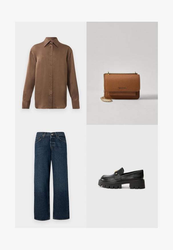 Camisa branca de mangas longas com botões e colarinho pontudo, exibida contra um fundo branco liso.; Jeans de denim azul escuro com corte reto, cinco bolsos e acabamentos em metal. Apresenta um leve desvanecimento e bainha limpa.; Mocassins de couro preto com uma sola robusta, apresentando um detalhe em tom dourado na parte da frente e um acabamento suave. Design de solado com cravos robustos.; Bolsa crossbody de couro texturizado castanho com alça de corrente dourada e fecho com aba. A parte da frente apresenta detalhe do logótipo e um bolso sob a aba.