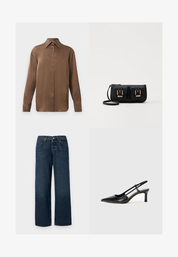 Pruun pikkade varrukatega nööbitav särk terava krae ja mansettidega, esitatud lihtsa valge tausta ees.; Tumed sinised teksad sirge lõikega, viie taskuga ja metallist detailidega. Omavad kerget pleekimist ja puhast äärestust.; Mustmust paelad, millel on terav varvas, tekstuuriga maduprindiga, reguleeritav rihm ja lühike tekstuuriga plokknina.; Must küllastamata nahast õlakott, millel on kaks esist nähtavat taskut, kuldsed pandlad, tõmblukuga sulgemine ja peen rihm. Tekstuuriga pind ja kompaktne ristkülikukujuline kuju.