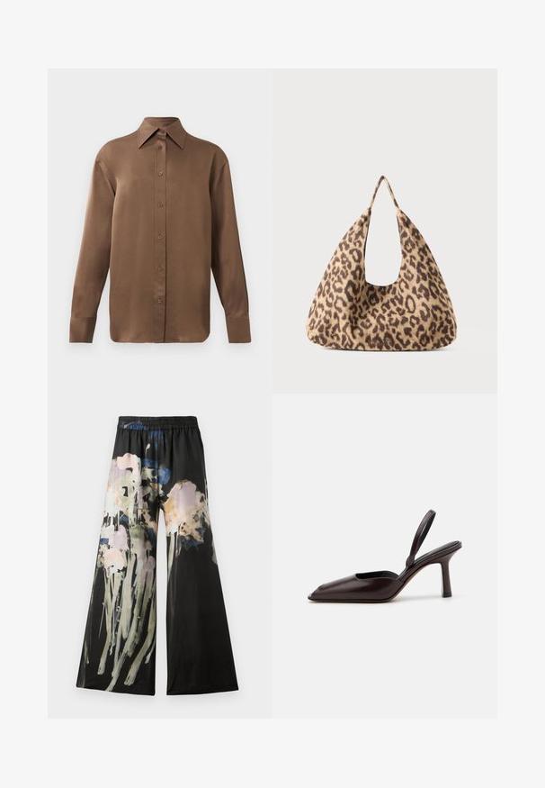Hnedá košeľa s dlhým rukávom, so zapínaním na gombíky, s špicatým golierom a manžetami, vystavená na jednoduchom bielom pozadí.; Široké nohavice v čiernej tkanine s akvarelovým kvetinovým potlačou v ružových, modrých a zelených tónoch; elastický pás pre pohodlie.; Hnedé lakované kožené slingback pumps s špicatou špičkou a štíhlym, vysokým opätkom. Disponujú elegantným dizajnom a hladkým povrchom.; Taška s leopardím vzorom vyrobená z mäkkého materiálu, s jedinečným trojuholníkovým tvarom a veľkým otvoreným uchom, s hladkou textúrou.