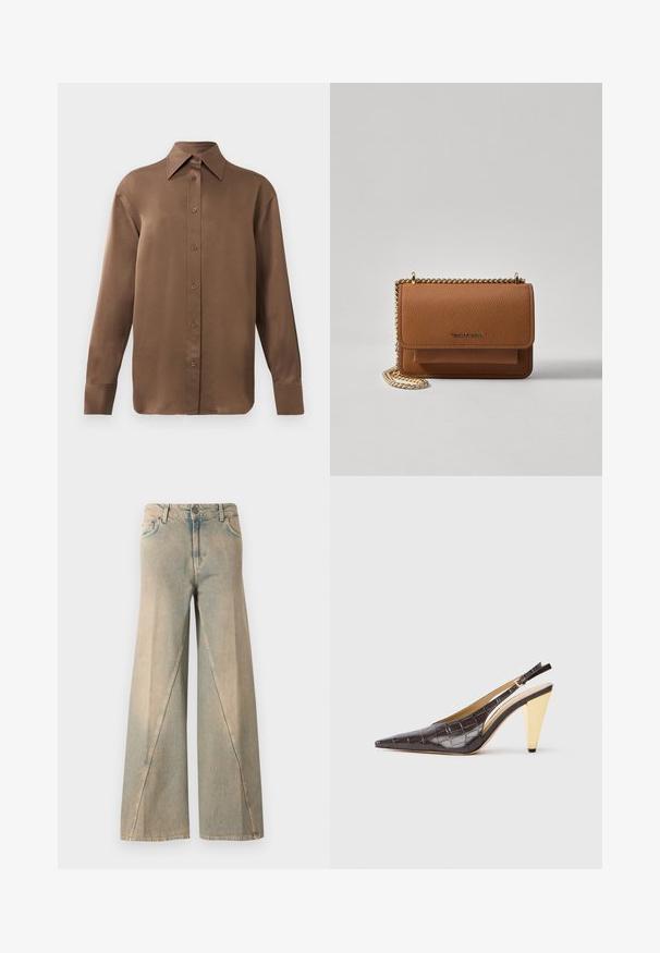Smeđa košulja s dugim rukavima, s gumbima i šiljastim ovratnikom i manžetama, prikazana na jednostavnoj bijeloj pozadini.; Svijetloplave široke traperice izrađene od denima. Imaju visok struk, prednje džepove i karakterističan uzorak šavova duž nogu.; Cipele s potpeticom i otvorenim stražnjim dijelom, u tamnosmeđoj sjajnoj umjetnoj koži krokodila. Sadrže zlatnu geometrijsku potpeticu i prilagodljivu naramenicu.; Smeđa kožna torba preko tijela s teksturom, zlatnim lančićem i preklopom na zatvaranju. Na prednjoj strani nalazi se detalj s potpisom i džep ispod preklopa.