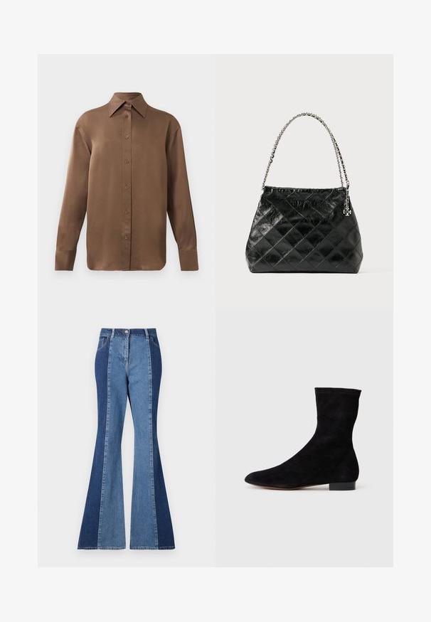 Smeđa košulja s dugim rukavima, s gumbima i šiljastim ovratnikom i manžetama, prikazana na jednostavnoj bijeloj pozadini.; Wide leg traperice s dvojnim nijansama, tamnoplavim i svjetloplavim denimm panelima, zatvaranjem na gumbe sprijeda i klasičnim stilom džepova.; Crne nubuk čizme do gležnjeva s uskim okvirem, špicastim vrhom i niskom bloknom petom. Glatka tekstura i minimalistički dizajn, pogodne za svestrano stiliziranje.; Crna prešivana kožna torba s ručkom od srebrnog lanca, sa strukturiranim dizajnom i glatkom teksturom.
