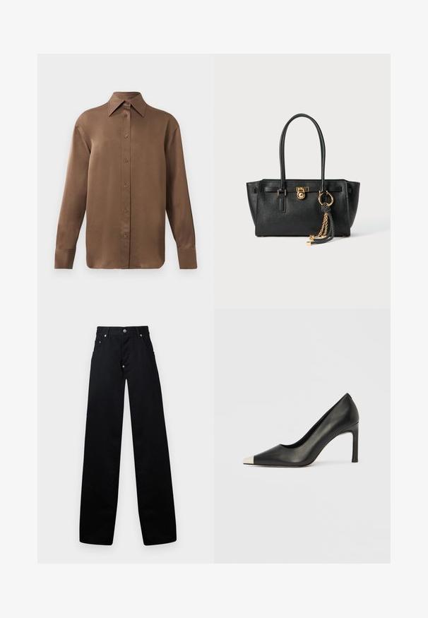 Brun langærmet skjorte med knapper, spids krave og manchetter, vist mod en simpel hvid baggrund.; Sorte vidde bukser lavet af bomuld, med lynlås i gylpen, to frontlommer og et klassisk fem-lomme design med metalhardware detaljer.; Sort læder højhælet sko med spids tå og metal-sølv hætte. Har en glat finish og en slank hæl på 10 cm.; Sort læder skuldertaske med dobbelte håndtag, guld lås og kædedetalje samt sort-hvid kvast tilbehør mod hvid baggrund.