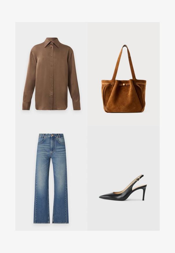 Brun långärmad skjorta med knäppning, spettdetalj på kragen och manschetterna, uppvisad mot en vit bakgrund.; Uppslagna jeans i ljusblå denim, med hög midja, femficksdesign och subtila blekningar för en texturerad look.; Svarta läder slingback-högklackade skor med spetsig tå, justerbar rem och en smal stilettklack, med en slät finish.; Brun mockaskåpväska med dubbla handtag, ett knäppstängningsband och en avslappnad, något slapp form.