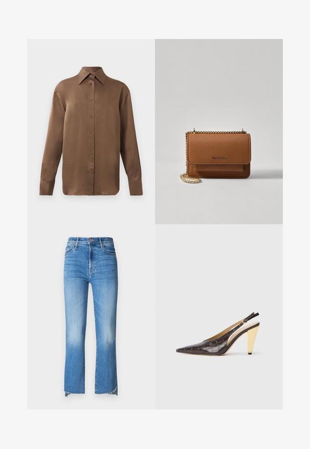 Kahvi pitkähihainen napitettava paita, jossa on terävä kaulus ja hihansuut, esillä yksinkertaisen valkoisen taustan edessä.; Mother THE INSIDER CROP STEP FRAY - Bootcut-farkut - out of the blue; Kärppäotsa slingback-korkokengät tummanruskeasta kiiltävästä keinonahasta, joka imitoi krokotiilin ihoa. Malleissa on kultasävyinen geometrinen korko ja säädettävä nilkkaremmi.; Ruskean teksturoidun nahkasta valmistettu crossbody-laukku, jossa on kultaketjuhihna ja läppäkiinnitys. Edessä on logodetail ja tasku läppäisen alla.