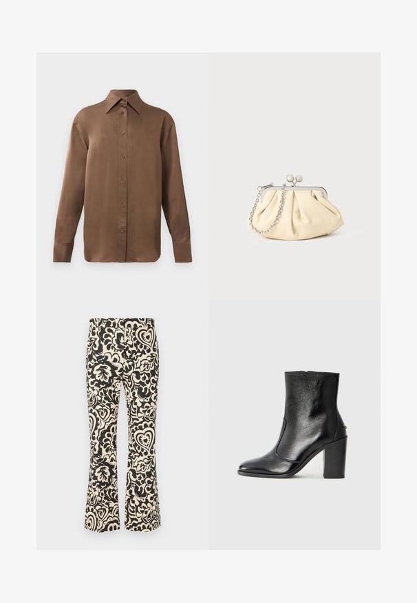 Brown long-sleeve button-up shirt with pointed collar and cuffs, displayed against a plain white background.; Flared pants made from a lightweight fabric, featuring a black and cream floral pattern with hearts and leaves, and a smooth texture.; Black leather ankle boot with a smooth texture, pointed toe, and a chunky high heel. Features a side opening and minimalistic design.; Pleated beige leather clutch with a silver metal frame, featuring two round decorative clasps and a silver chain strap.