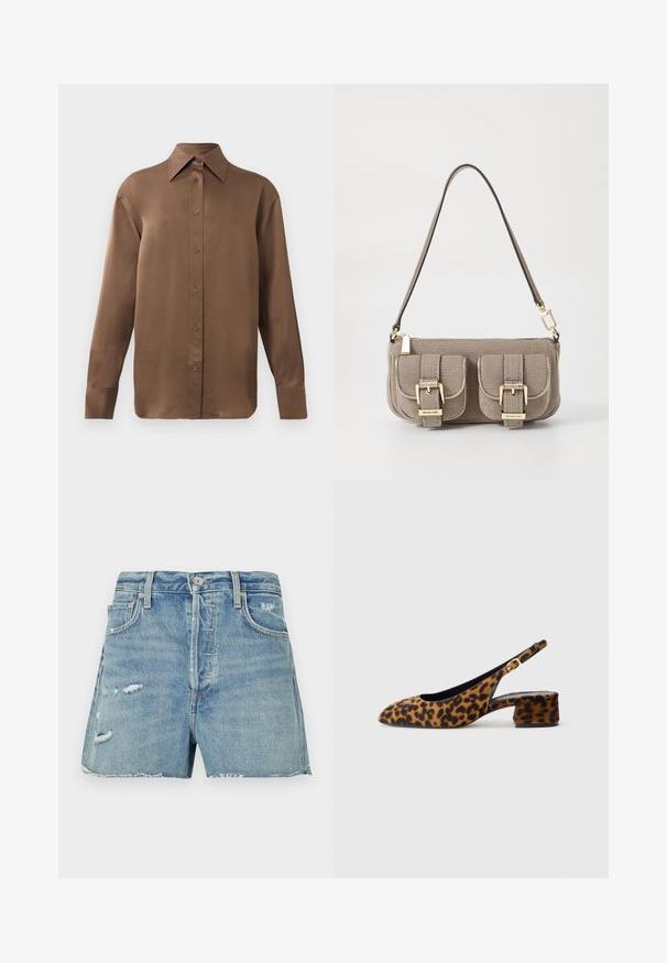 Καφέ μακρυμάνικο πουκάμισο με κουμπιά και μυτερό γιακά και μανσέτες, τοποθετημένο σε λευκό φόντο.; Ανοιχτό μπλε τζιν σορτς με φθαρμένο στρίφωμα, φθαρμένα στοιχεία, παραδοσιακό σχέδιο με πέντε τσέπες και κλείσιμο μπροστά με κουμπί και φερμουάρ.; Γυναικείο παπούτσι slingback με λεοπάρ σχέδιο, χαμηλό φοντάκι και χρυσό κούμπωμα στη πλευρική ζώνη, εμφανιζόμενο σε προφίλ σε ουδέτερο φόντο.; Beige τσάντα με υφή και ρυθμιζόμενο λουρί, δύο μπροστινές τσέπες ασφαλισμένες με πόρπες και χρυσές λεπτομέρειες. Κλείσιμο με φερμουάρ στο επάνω μέρος.