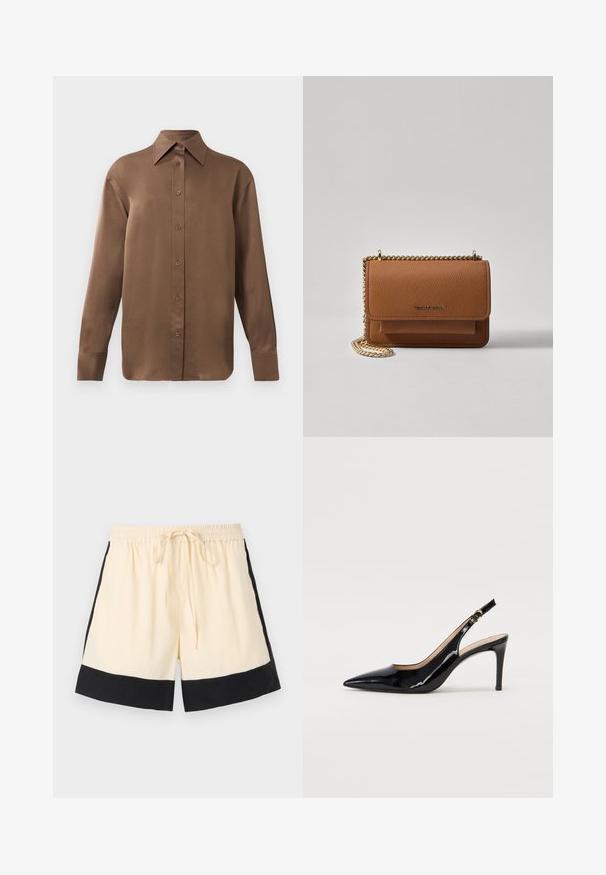 Braunes Langarmhemd mit Knopfverschluss, spitzem Kragen und Manschetten, vor einem schlichten weißen Hintergrund präsentiert.; Cremefarbene Shorts mit schwarzem Saum, elastischem Bund und vorderem Kordelzug. Die Seiten sind mit schwarzen Akzenten versehen, die ein sportliches Design zeigen.; Schwarz lackierte Slingback-Pumps mit spitzem Zehenbereich, schlankem Absatz und einem subtilen Ausschnittdesign. Verfügt über eine goldene Schnalle am Riemen.; Braune strukturierte Ledertasche mit goldener Kettenriemen und Klappenverschluss. Die Vorderseite zeigt ein Logo-Detail und eine Tasche unter der Klappe.