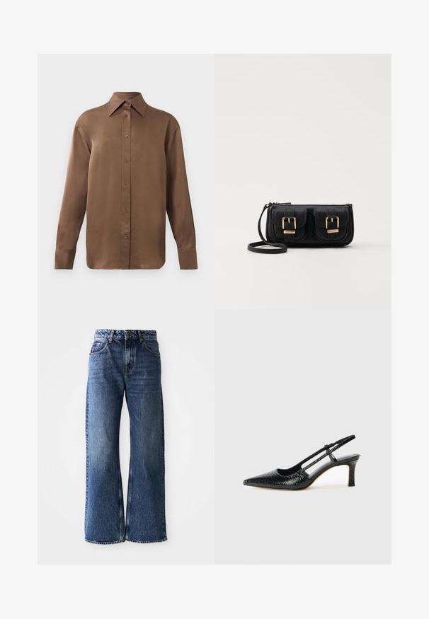Rjav dolg rokav s srajco s gumbi in koničastimi ovratniki in manšetami, prikazana na enostavni beli podlagi.; Široke modre kavbojke z visokim pasom. Imajo klasičen dizajn s petimi žepi, kontrastno šivanje in rahlo zbledel videz.; Črne lakaste slingback pete s koničastim nosom, ki imajo teksturiran vzorec kačje kože, nastavljiv trak in kratek teksturiran blok peto.; Črna usnjena torbica čez ramo z dvema sprednjima žepoma, zlatimi zaponkami, zadrgo in ozkim pasom. Tekstura površine je strukturirana, obliko pa ima kompaktno pravokotno.