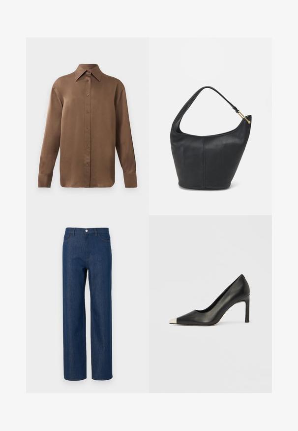 Brown long-sleeve button-up shirt with pointed collar and cuffs, displayed against a plain white background.; Dark blue denim jeans with a straight leg, five-pocket design, silver button closure, and subtle stitching details on pockets.; Black leather high heel shoe with a pointed toe and a metallic silver cap. Features a smooth finish and a slender 10 cm heel.; Black leather handbag with a rounded shape, a wide strap, and a textured finish. Features a subtle seam detail and a gold-tone hardware accent.