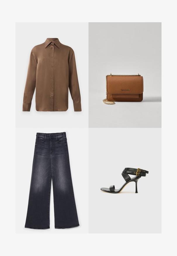 Bruine overhemd met lange mouwen en knopen, voorzien van een spitse kraag en manchetten, op een eenvoudige witte achtergrond weergegeven.; Mother THE HUSTLER ROLLER SNEAK - Wide leg - not today satan; Zwarte hoge hak sandaal met gekruiste bandjes en verstelbare gespsluiting. Heeft een gladde textuur en een taps toelopende stilettohak.; Bruine lederen schoudertas met textuur, voorzien van een gouden kettingstrap en klepsluiting. De voorkant heeft een logo-detail en een zak onder de klep.