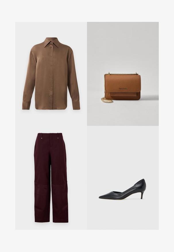 Hnědá košile s dlouhým rukávem, zapínaná na knoflíky, s špičatým límcem a manžetami, vystavená na jednobarevném bílém pozadí.; Burgundské kalhoty s uvolněným střihem, vyrobené z hladkého materiálu, se dvěma předními kapsami a dvěma dekorativními knoflíky na pase.; Černá kožená lodička s špičatou špičkou a nízkým podpatkem. Má hladkou texturu a jemný lesk. Přední část je otevřená pro zvýraznění detailu.; Hnědá texturovaná kožená kabelka přes rameno se zlatým řetízkovým popruhem a klopnovým uzavíráním. Přední strana obsahuje detail loga a kapsu pod klopou.