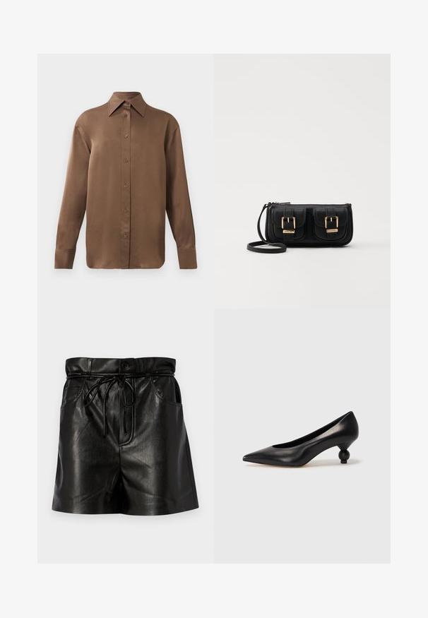 Camicia marrone a maniche lunghe con bottone, colletto e polsini a punta, esposta su uno sfondo bianco uniforme.; Shorts neri in pelle con vita alta, legatura a cordoncino e tasche laterali. Finitura lucida con dettagli di cucitura in vista.; Scarpa con tacco alto in pelle nera, con punta affilata e tacco arrotondato e bombato. Texture liscia con un design elegante e minimalista.; Borsa a tracolla nera in pelle con due tasche frontali, fibbie dorate, chiusura con zip e una tracolla sottile. Superficie texturizzata e forma rettangolare compatta.