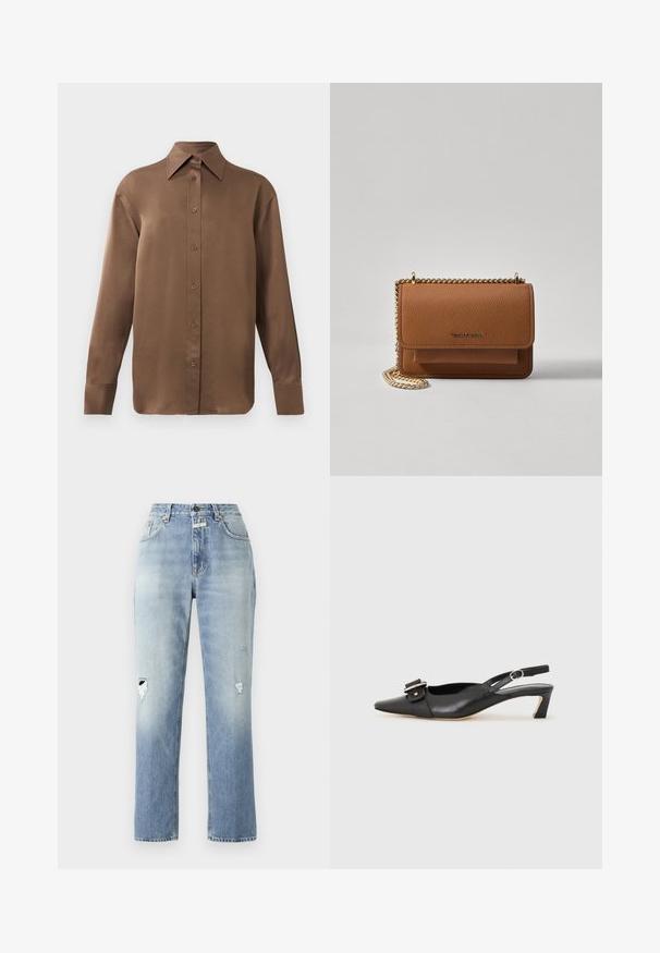 Camisa branca de mangas longas com botões e colarinho pontudo, exibida contra um fundo branco liso.; Calças de ganga de denim azul claro com cintura alta e perna reta. Apresenta detalhes desgastados nos dois joelhos e um design clássico de cinco bolsos.; Sandal com correia preta em pele, com bico fino, pequeno salto e detalhe de fivela decorativa na parte superior. Textura suave, design minimalista.; Bolsa crossbody de couro texturizado castanho com alça de corrente dourada e fecho com aba. A parte da frente apresenta detalhe do logótipo e um bolso sob a aba.