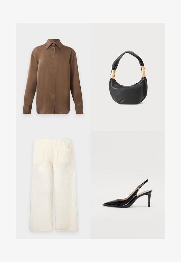 Smeđa košulja s dugim rukavima, s gumbima i šiljastim ovratnikom i manžetama, prikazana na jednostavnoj bijeloj pozadini.; Lagane, krem boje široke hlače sa teksturiranim mrežastim uzorkom i dva bočna džepa, s opuštenim krojem i mekim materijalom.; Crne lakirane slingback cipele s oštrim vrhom, uskim potpeticama i suptilnim izrezom. Sadrže zlatnu kopču na traku.; Crna kožna torba s okruglim oblikom, mekim teksturom i čvorastom ručkom s zlatnim metalnim detaljima. Zatvaranje na patentni zatvarač.