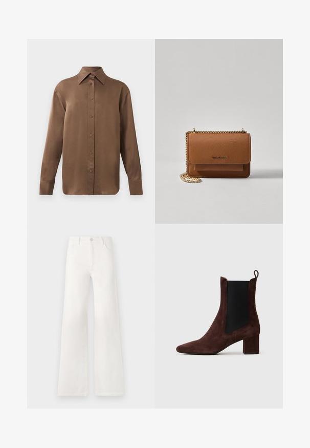 Camisa branca de mangas longas com botões e colarinho pontudo, exibida contra um fundo branco liso.; Jeans brancos, de cintura alta e pernas largas, feitos de denim. Apresentam um fecho de botão, dois bolsos frontais e costuras detalhadas nas laterais.; Botim de tornozelo em camurça castanho-escuro com salto bloco, painel lateral elástico preto e alça na parte de trás, sobre um fundo claro.; Bolsa crossbody de couro texturizado castanho com alça de corrente dourada e fecho com aba. A parte da frente apresenta detalhe do logótipo e um bolso sob a aba.