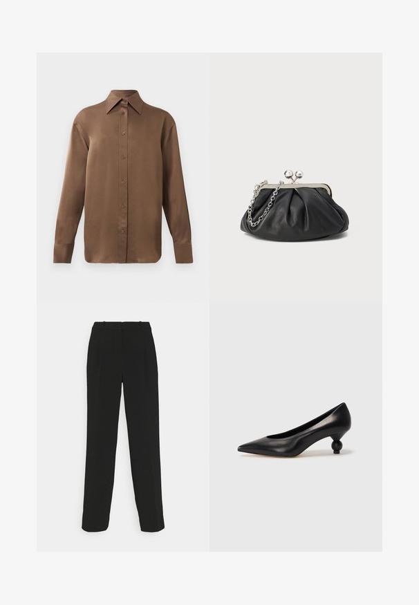 Ruda ilgų rankovių marškiniai su sagomis ir smailiais apykakle bei rankogaliais, išdėstyti prieš paprastą baltą foną.; Juodos pritaikytos kelnės su tiesiomis kojomis, turinčios aukštą liemenį, klostes ir lygią audinio tekstūrą.; Juoda odinė aukštakulnė bateliai su smailiu pirštu ir apvaliu, iškiliu kulnu. Lygus paviršius su elegantišku, minimalistiniu dizainu.; Juodas odinis delninukas su susiraukusiu tekstūru, sidabrinės spalvos metalo rėmas, uždaromas užsukamu užtrauktuku bei grandinėlės dirželis. Lygus, minkštas paviršius.