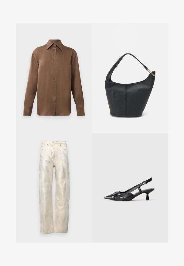 Camicia marrone a maniche lunghe con bottone, colletto e polsini a punta, esposta su uno sfondo bianco uniforme.; Jeans a gamba larga beige chiaro con una finitura metallica, realizzati in denim con una texture liscia e design standard a cinque tasche.; Scarpa slingback nera in pelle con punta affusolata, cinturini decorativi con occhielli metallici e tacco basso a blocco. Superficie testurizzata.; Borsa a tracolla in pelle nera con forma arrotondata, una tracolla ampia e una finitura testurizzata. Presenta un dettaglio di cucitura discreto e un dettaglio in metallo dorato.