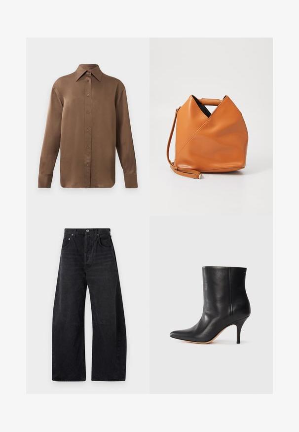 Brown long-sleeve button-up shirt with pointed collar and cuffs, displayed against a plain white background.; Citizens of Humanity HORSESHOE - Relaxed fit jeans - black; Black leather ankle boot with pointed toe, slim stiletto heel, and smooth texture. Minimalist design with no visible hardware or accents.; Tan leather handbag with unique triangular fold design, top handle, and detachable shoulder strap on white background.