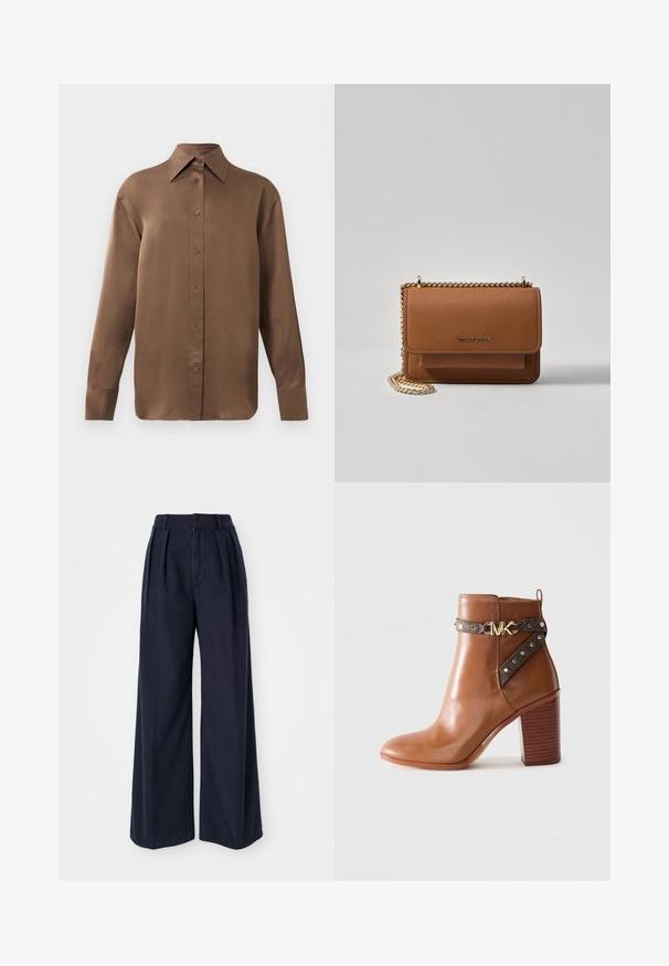 Ruda ilgų rankovių marškiniai su sagomis ir smailiais apykakle bei rankogaliais, išdėstyti prieš paprastą baltą foną.; Tamsiai mėlynos pločio kojų kelnės, pagamintos iš medvilnės, su klostėmis priekyje, aukštu juosmeniu ir užtrauktuku su mygtuku.; Ruda odinė kulkšninė batai su sluoksniuoto blokinio kulno, šonine dirželiu su auksiniais skaidriomis ir auksiniu "MK" logotipo sagtimi.; Ruda tekstūruota odinė per petį nešama rankinė su auksiniu grandininiu dirželiu ir užlenkiamo užsegimo. Priekinėje pusėje yra logotipo detalė ir kišenė po užlenkimu.