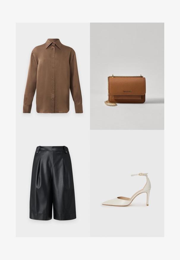 Brūns garās piedurknes pogājamais krekls ar norādītu apkakli un aprocēm, izlikts pret vienkāršu baltu fonu.; Max Mara Leisure ORTLES - Šorti - nero; Baltas ādas augstpapēžu kurpes ar smailu purngala daļu, potītes siksniņu un šauru stiletto papēdi. Gluda tekstūra ar smalku spīdumu.; Brūna teksturēta ādas plecu soma ar zelta ķēdes siksnu un atloka aizdari. Priekšpusē ir logotipa detaļa un kabata zem atloka.