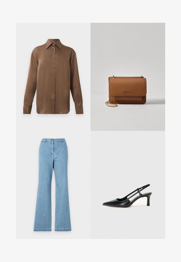 Ruda ilgų rankovių marškiniai su sagomis ir smailiais apykakle bei rankogaliais, išdėstyti prieš paprastą baltą foną.; Šviesiai mėlynos džinsinės kelnės su plačiais apačiais ir aukšta juosmeniu, su mygtukų uždarymu ir kontrastingomis siūlėmis. Lygaus paviršiaus, kasdienio stiliaus.; Juodai lakuoti slingback aukštakulniai su smailiu nosiu, su tekstūruotu gyvatės raštu, reguliuojama juosta ir trumpu, tekstūruotu blokiniu kulnu.; Ruda tekstūruota odinė per petį nešama rankinė su auksiniu grandininiu dirželiu ir užlenkiamo užsegimo. Priekinėje pusėje yra logotipo detalė ir kišenė po užlenkimu.