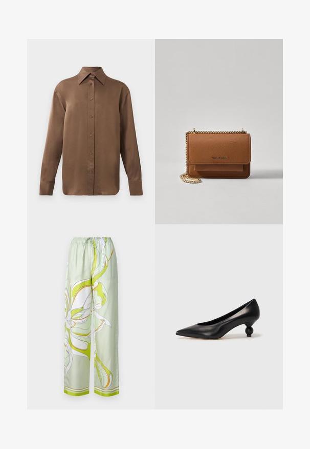 Camicia marrone a maniche lunghe con bottone, colletto e polsini a punta, esposta su uno sfondo bianco uniforme.; Pantaloni verde satin con un motivo floreale in bianco e giallo, vita elastica, gamba larga e una texture liscia.; Scarpa con tacco alto in pelle nera, con punta affilata e tacco arrotondato e bombato. Texture liscia con un design elegante e minimalista.; Borsa a tracolla in pelle marrone con texture, dotata di catena dorata e chiusura a pattina. Sul davanti presenta un dettaglio con logo e una tasca sotto la pattina.